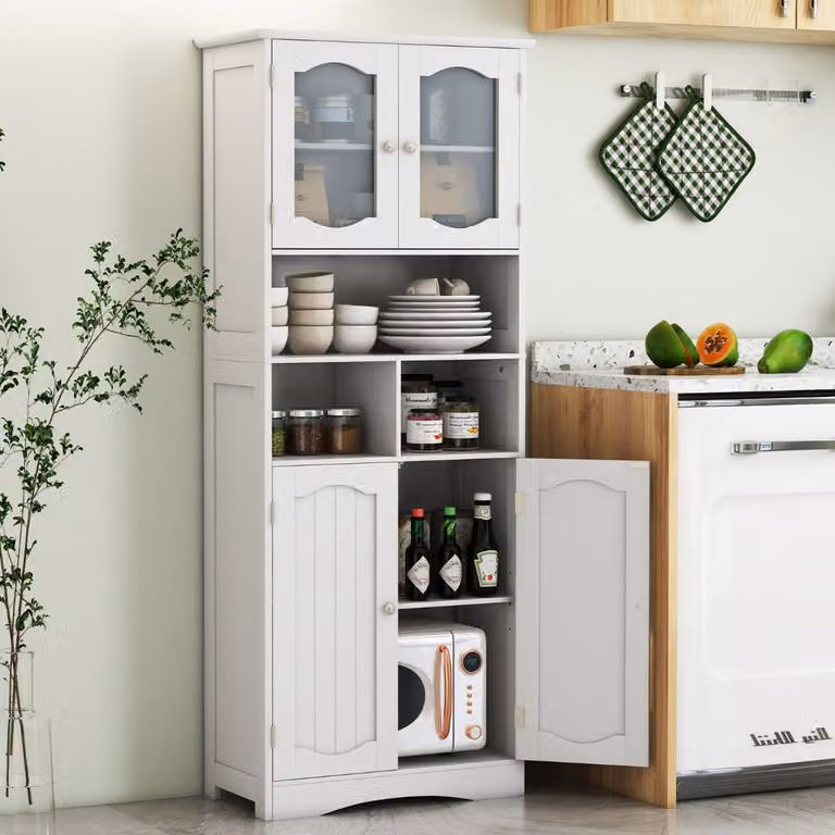 Mobile da bagno alto Costway Bianco con ante in vetro e ripiani interni per bagno, cucina o ufficio, Altezza: 148,5 cm