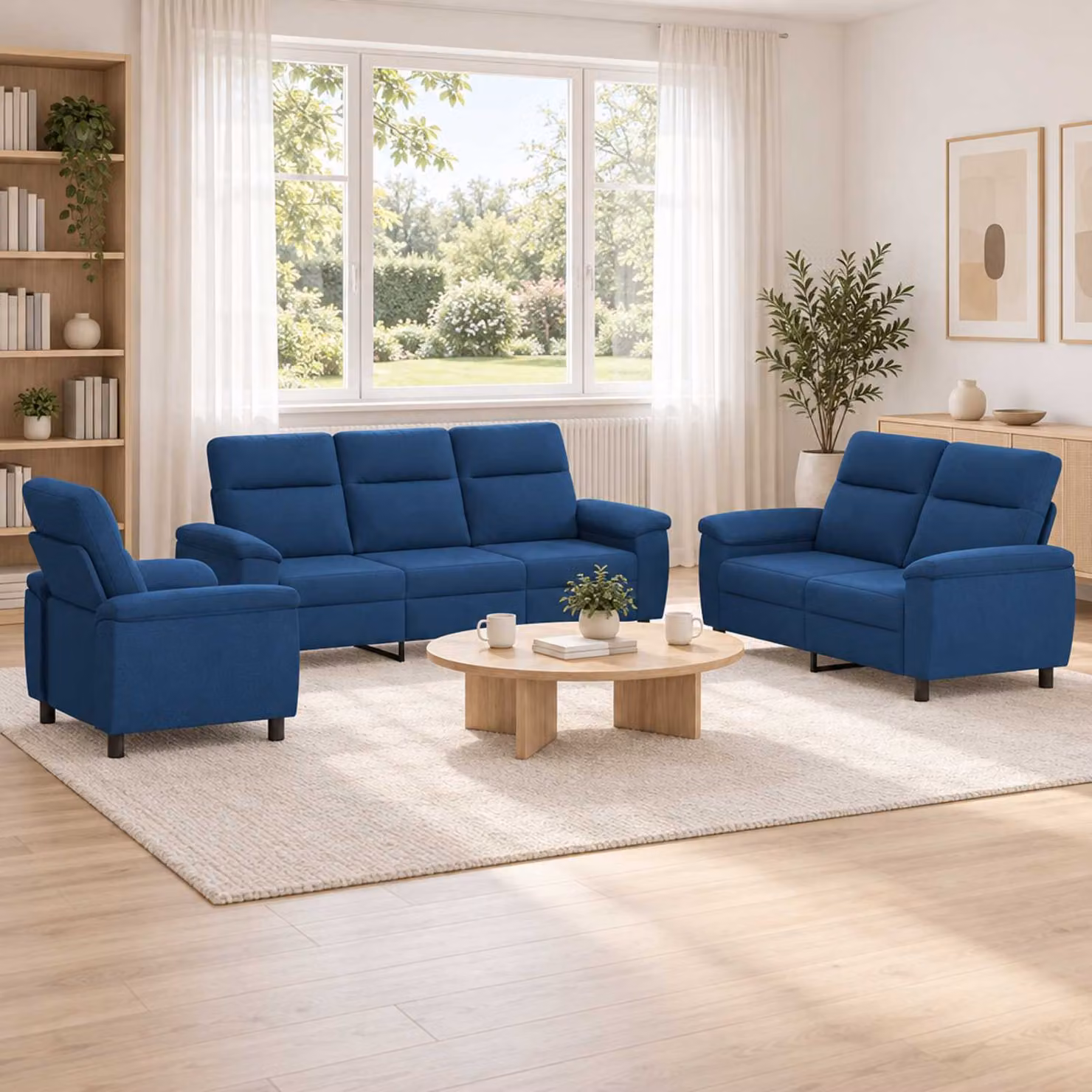 Set di divani moderno vidaXL in tessuto blu con struttura in metallo per soggiorno, composto da 3 pezzi con cuscini inclusi