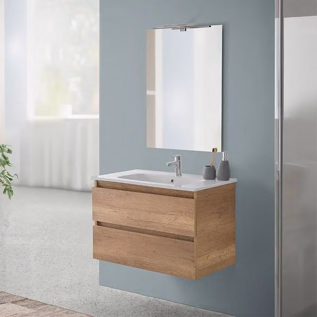 Mobile bagno sospeso Nadia in rovere con lavabo, design moderno, colore bianco e marrone, L: 80 cm