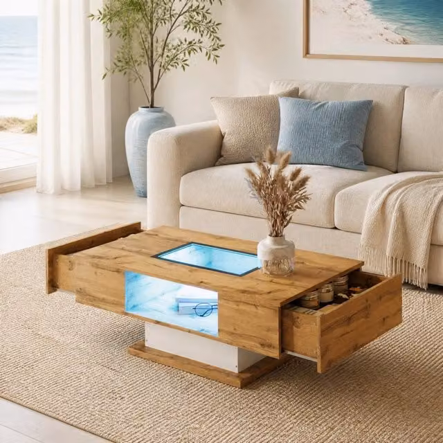 Tavolino da salotto ULEVR 110,2x60 cm con 2 cassetti, vano aperto con LED controllabile da app e piano in vetro