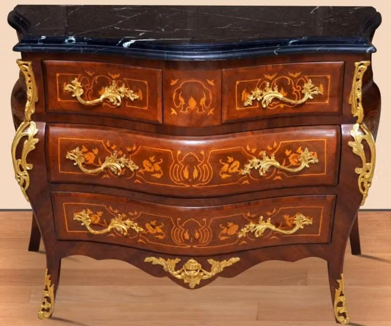 Casa Padrino Cassettiera barocca marrone / oro / nero 120 x 50 x h. 85 cm - Cassettiera artigianale in legno massiccio con 4 cassetti e piano in marmo - Mobili barocchi