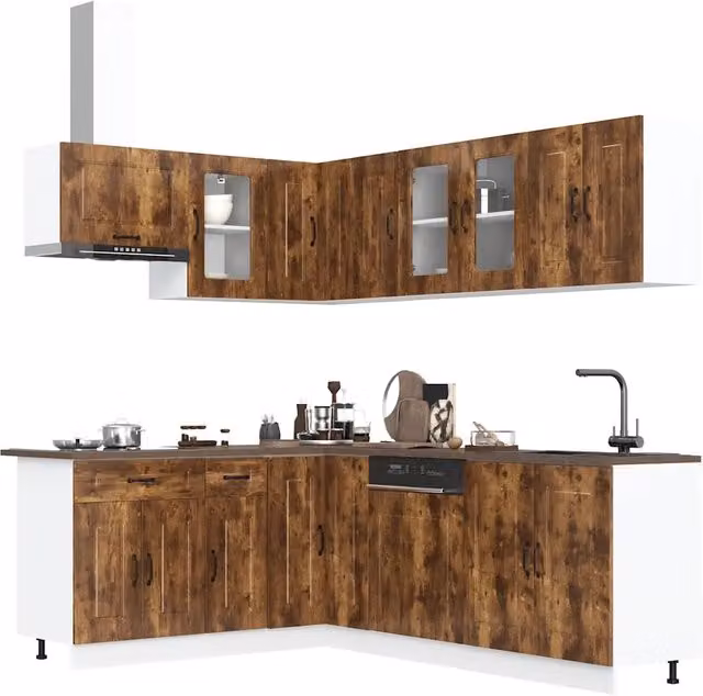 Set di mobili da cucina moderno vidaXL in legno e vetro marrone con angolare e 11 pezzi