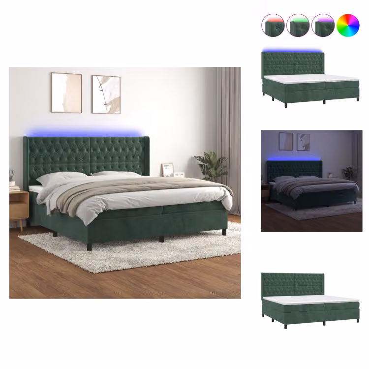 vidaXL Letto a molle con materasso e LED in velluto verde scuro 200x200 cm - Letti & strutture letto