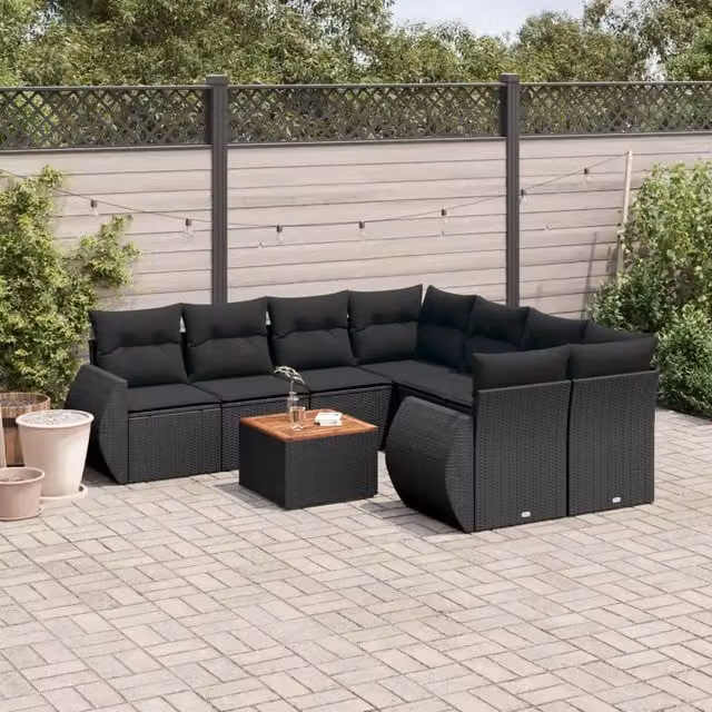 Set Divani da Giardino 9 pz con Cuscini Nero in Polyrattan 3257259