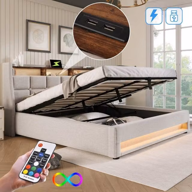 Letto matrimoniale LED – 160x200 cm – USB rete metallica – lino beige