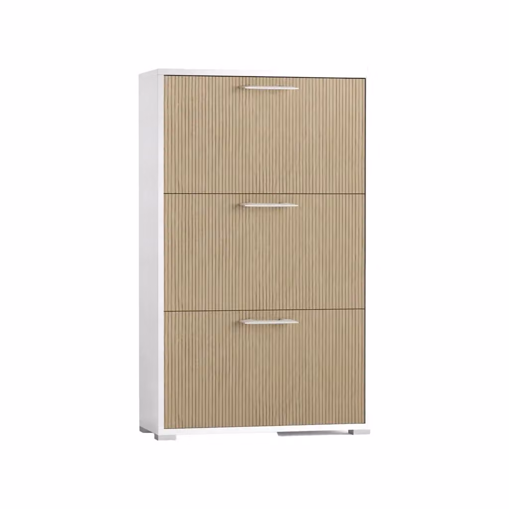 Scarpiera Dodecatheon DMORA, Mobile Portascarpe Moderno Bianco e Beige con Design Cannettato, L/P/H: 67 x 28 x 112 cm – 2