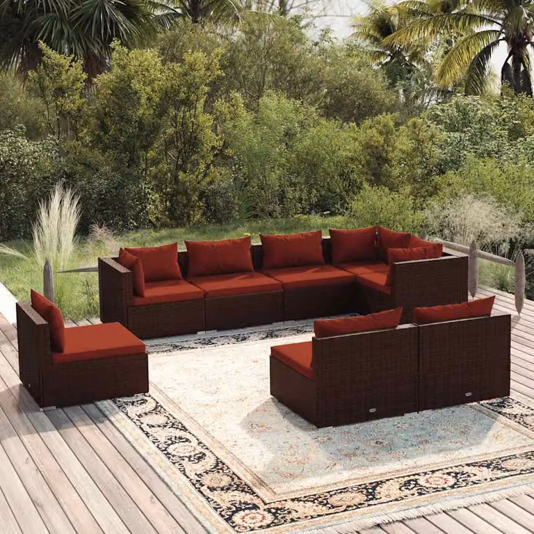 Set di divani da giardino vidaXL a forma di U composto da 8 pezzi con cuscini in polyrattan marrone e rosso e struttura in metallo