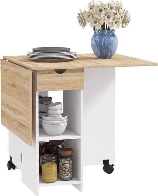 Tavolo da Cucina Pieghevole Minimal con Ruote e Cassetto Bianco L: 120 cm, P: 72 cm, H: 75 cm