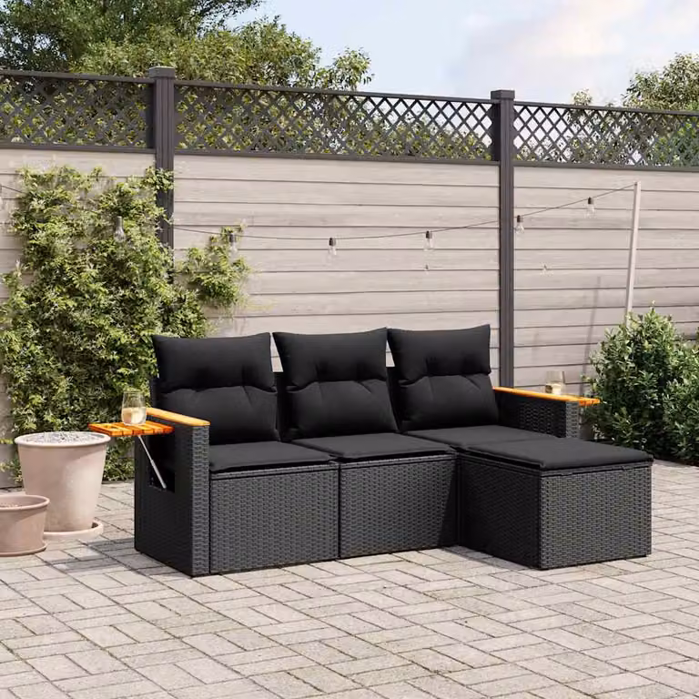 Set di divani da giardino vidaXL in polyrattan nero con cuscini, tavolino e pouf a forma di L per esterno