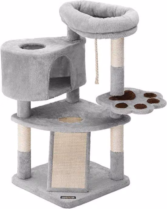 Albero per gatti con tiragraffi e vialetto - Torre per gatti a più livelli per gatti fino a 7 kg - Grigio (49 x 49 x 95 cm)