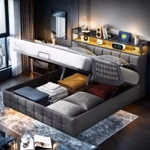 Letto imbottito UnboxG LED 160X200 cm, letto con ampio spazio di archiviazione e rete a doghe, struttura del letto a molle insacchettate in metallo, testata imbottita con ripiano e connessione di ricarica USB, grigio