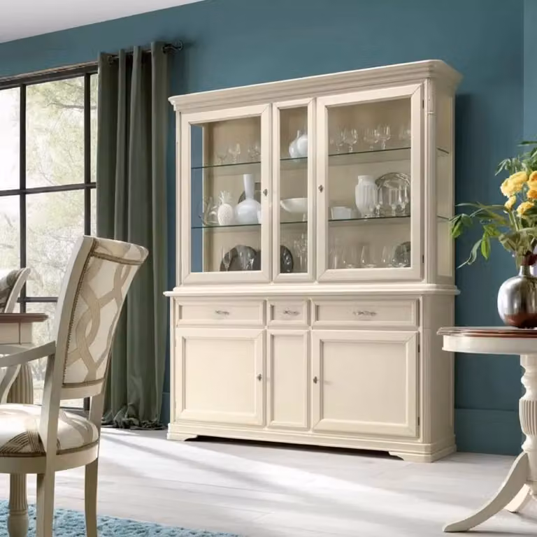 Cristalliera shabby chic in legno massello con 4 ante in vetro e 3 cassetti beige opaco Mobili 2G L/P/H: 180 x 50 x 220 cm