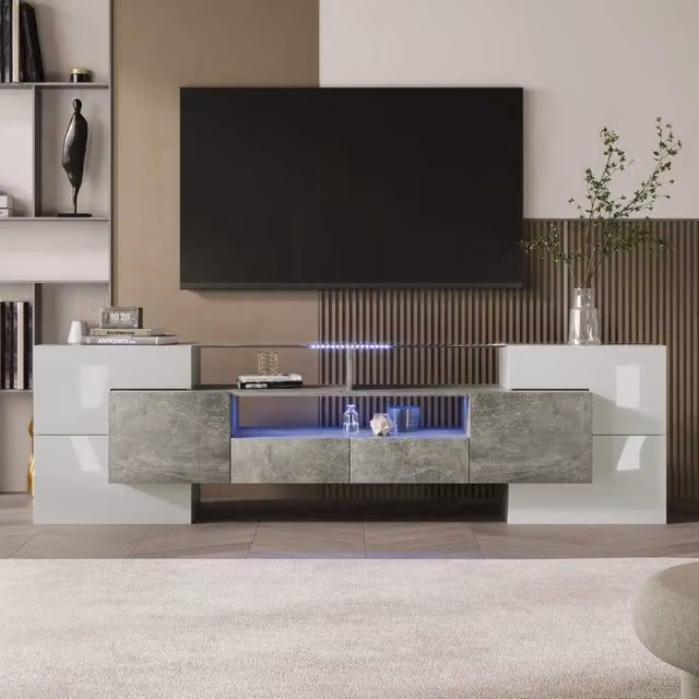 Mobile TV moderno WISHDOR con illuminazione LED, finitura lucida bianco e grigio, L: 200 cm, P: 40 cm, H: 56 cm