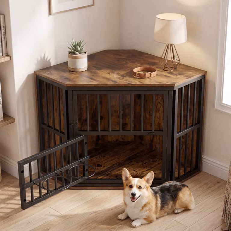 Gabbia angolare per cani Costway in stile industriale con tavolo supplementare 2 in 1, cuccia per cani di taglia piccola e media in legno e metallo marrone matt