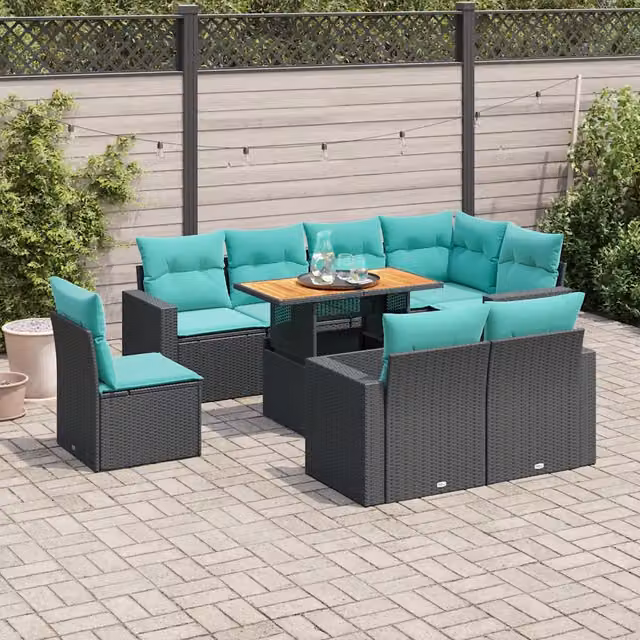 Set Divani da Giardino 9 pz con Cuscini Nero in Polyrattan 3327053