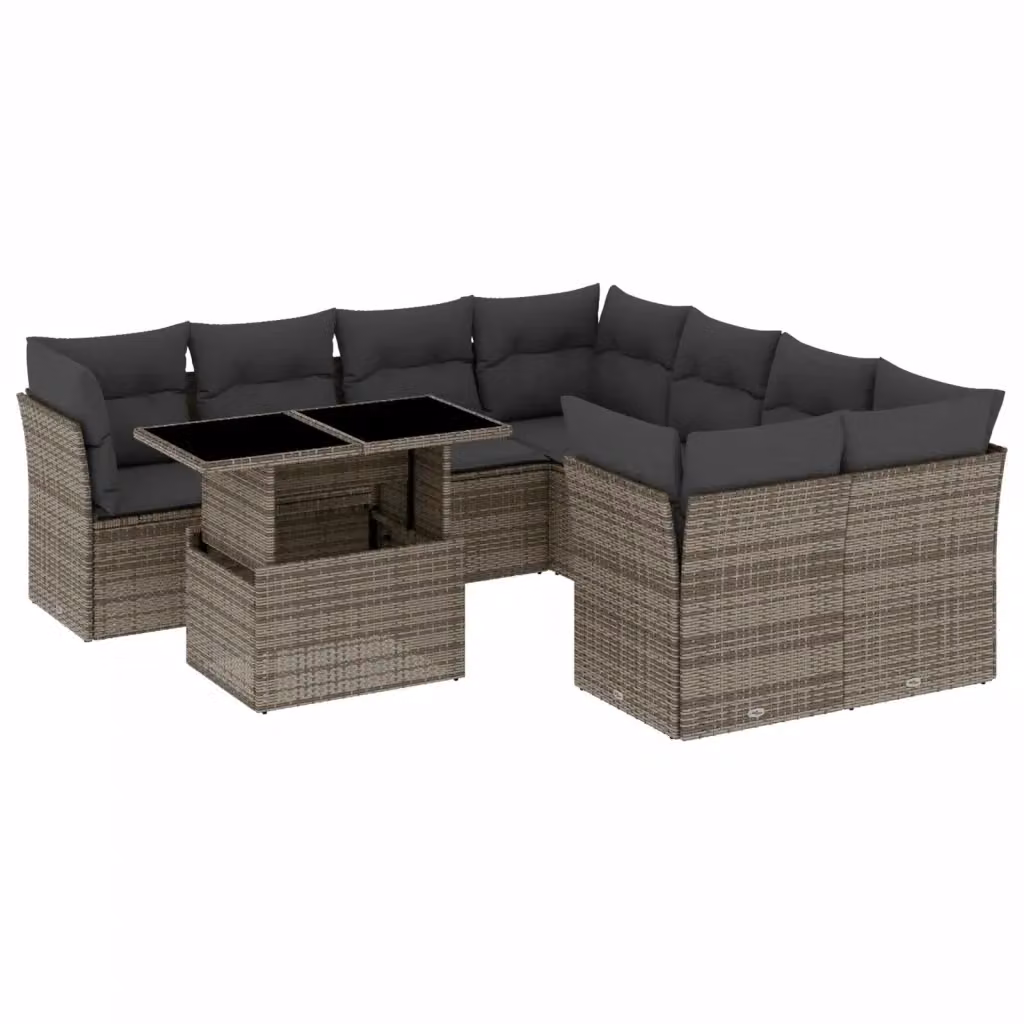 vidaXL Set Divano da Giardino 9 pz a Forma a L con Tavolino in Vetro e Cuscini Grigio – 2