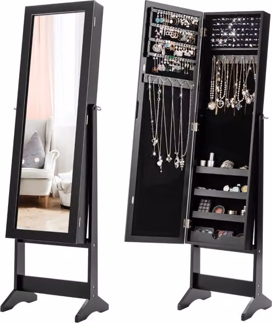 Armadio portagioie Design Mania con specchio a figura intera e ripiani interni, Nero