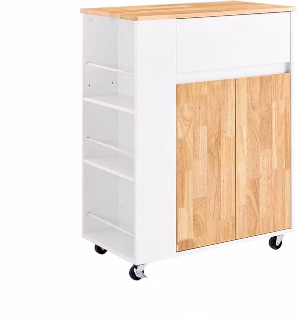 SoBuy Carrello da Cucina con Ruote e Piano in Legno di Gomma, Isola Salvaspazio con Cassetti, Bianco, L 70 cm x P 40 cm x H 90 cm, FKW132-WN