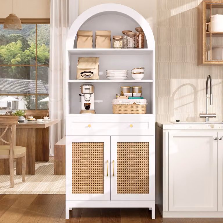 Mobiletto da cucina Merax con ante in rattan, mobiletto alto con vetrine, cassetto e spazio contenitivo, pensile per cucina, soggiorno o ingresso, colore bianco