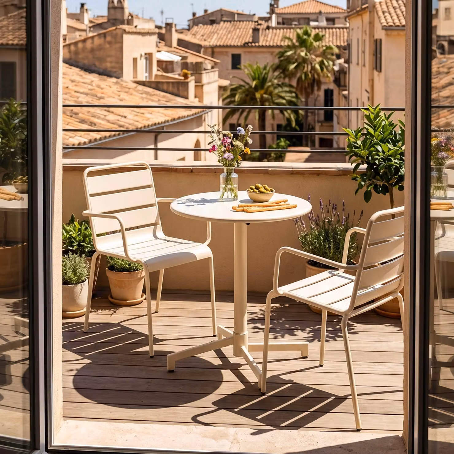 Set tavolo da giardino e 2 poltrone in metallo avorio - Oviala Palavas
