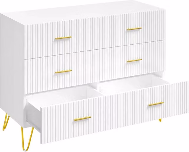 Cassettiera multiuso Chicfurn con 6 cassetti a frontale rigato bianco e oro, design moderno con piedini in metallo, L: 100 cm, P: 40 cm, H: 75 cm
