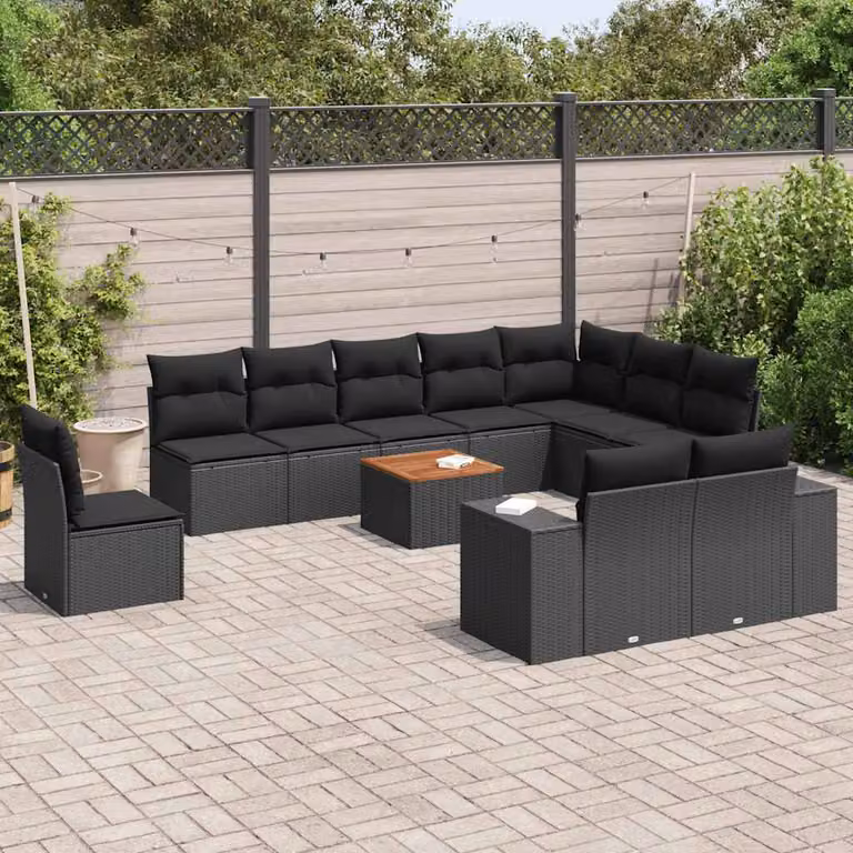 vidaXL Set Divani da Giardino 11 pz a Forma a L con Cuscini e Tavolino Nero