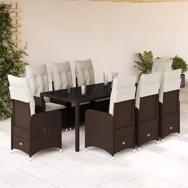 Set Bistrò da Giardino vidaXL in Polyrattan Marrone e Bianco con Cuscini e Tavolo in Vetro, 9 Pezzi