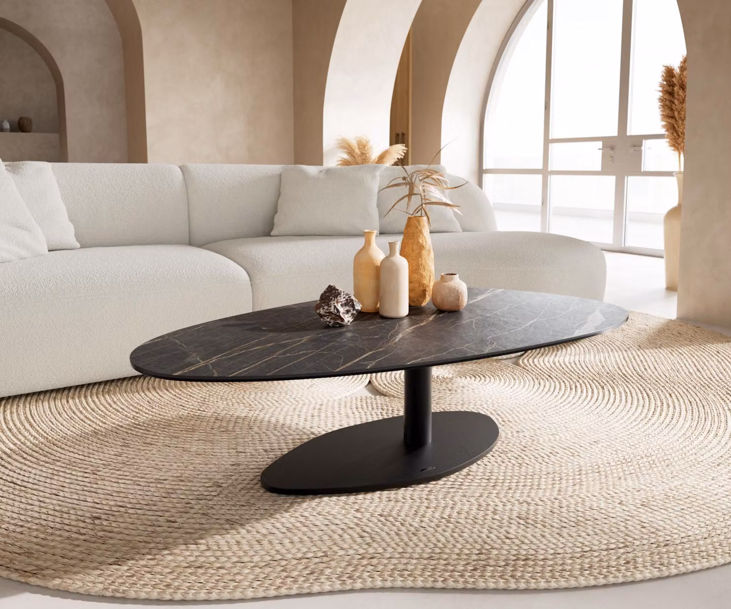 DELIFE Tavolino Edge Ovale 140x75 cm Vetroceramica Laminam® Noir Desir Marrone Vibany Metallo Nero