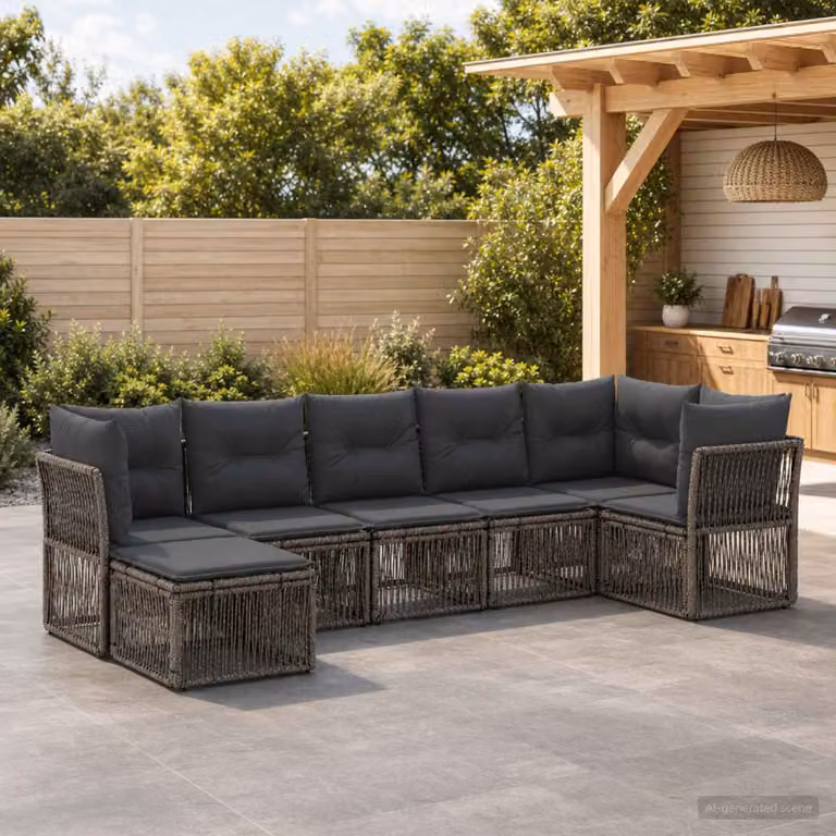 Set Divano da Giardino vidaXL 7 pz a Forma di L Grigio con Cuscini e Ottoman in Polyrattan e Metallo