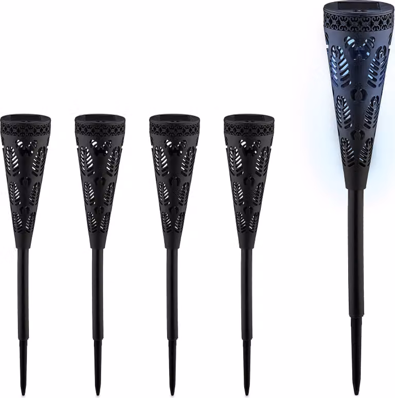 Set di 5 lampade solari Relaxdays, design a torcia, illuminazione da giardino con effetti luminosi, A x P: 41 x 7 cm, con picchetto, nero