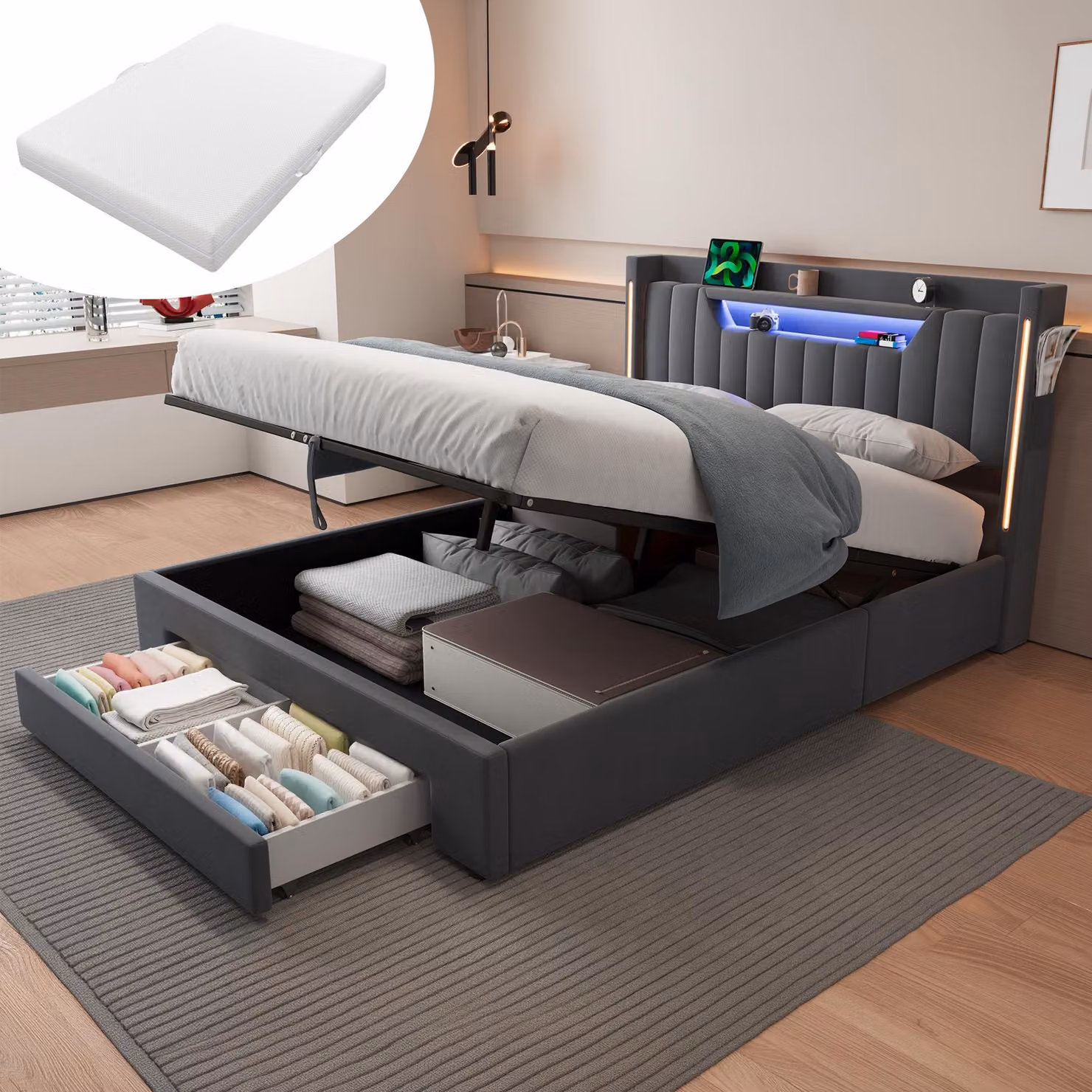 Letto a castello per ragazzi MODFU, 140 x 200 cm, con materasso, imbottitura in velluto, cassetto contenitore, letto a due piazze con ampio spazio di stoccaggio, luce LED e scaffale integrato nella testiera, letto moderno con spazio contenitivo, colore gr