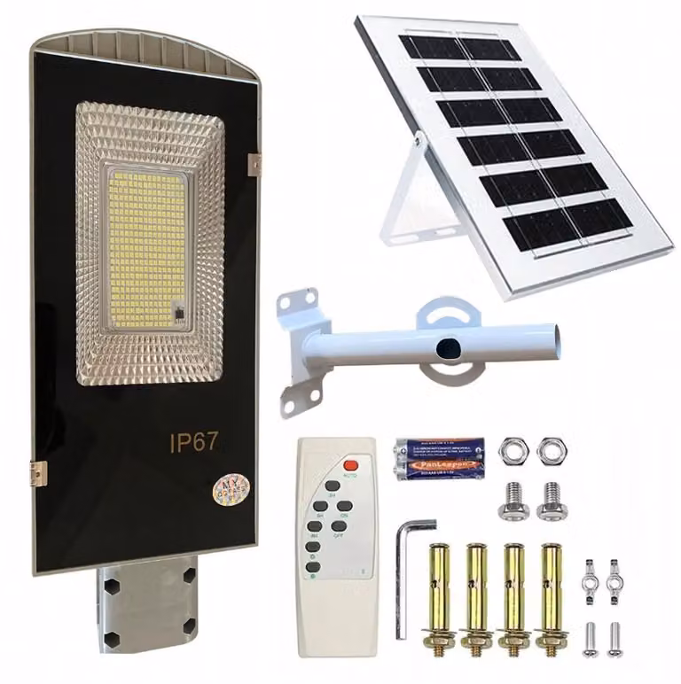 Lampada solare da giardino, montaggio su palo, potente 50 W, illuminazione stradale, 100 LED