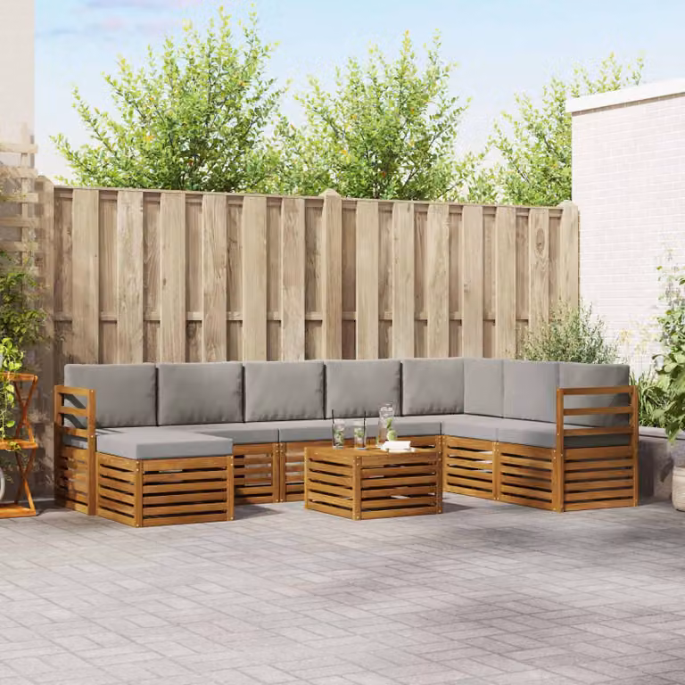 Set di divani da esterno vidaXL 9 pz in legno di acacia con cuscini, tavolino e pouf, Grigio e Marrone