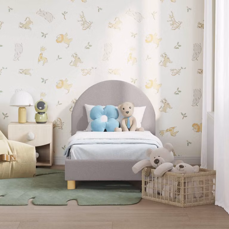 vidaXL Struttura letto per bambini con testata in tessuto bouclé Grigio, L/P/H: 140 x 70 x 79 cm
