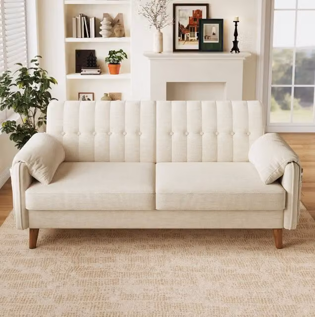 Divano 2 posti 161,5x79 cm beige in chenille, con tasche laterali