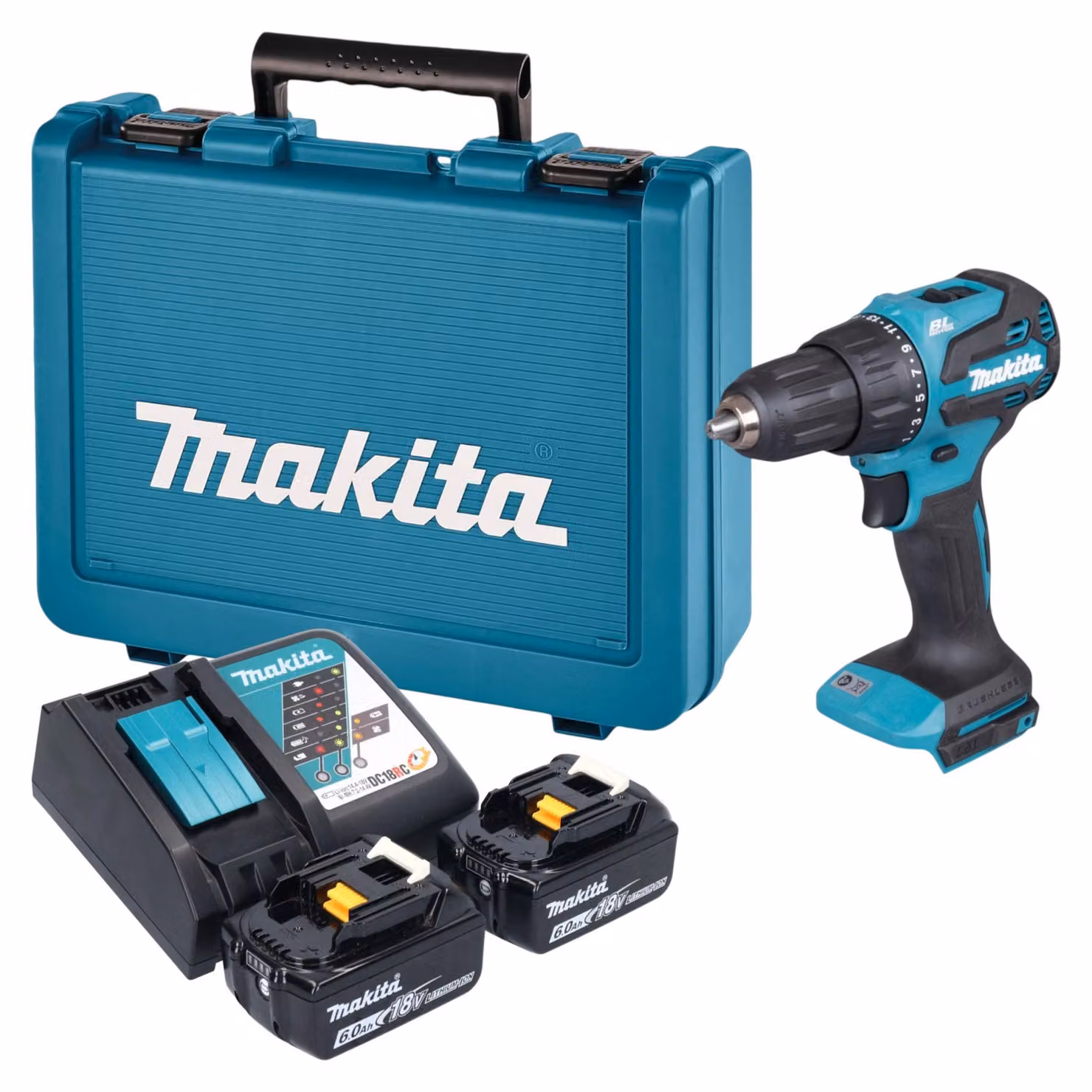 Avvitatore a percussione a batteria Makita DHP 490 RGE 18 V 65 Nm brushless + 2 batterie da 6,0 Ah + caricabatterie + valigetta