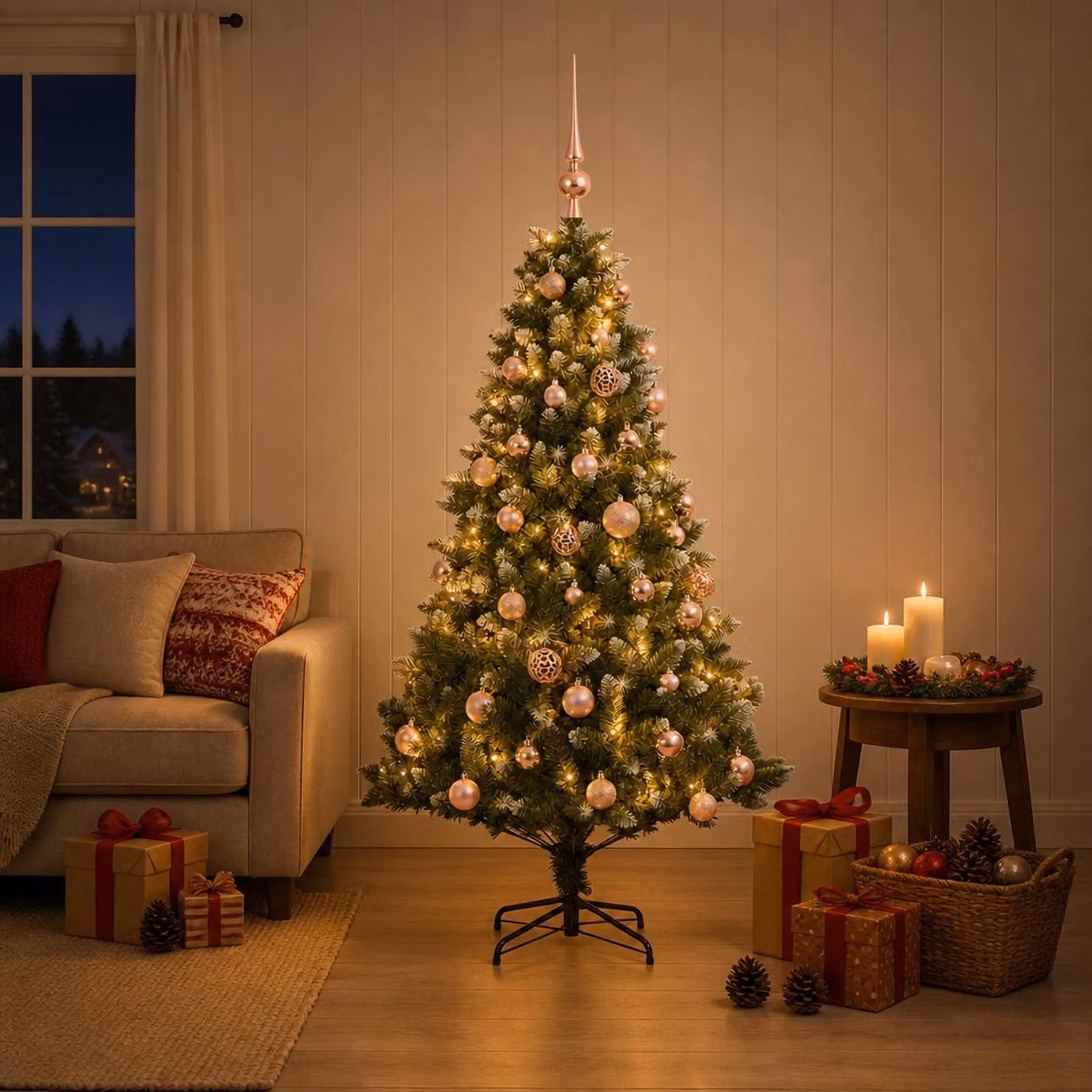 Albero di Natale artificiale con decorazioni a sfera, altezza 120 cm, 150 luci LED