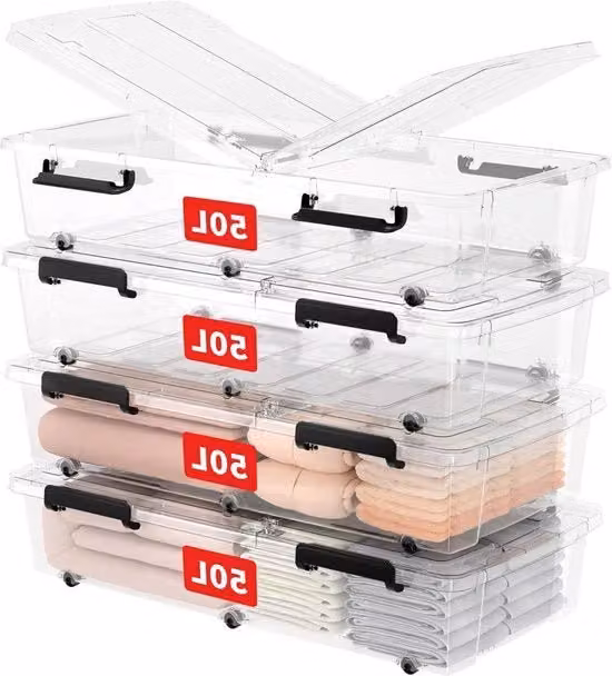 Set di 4 cassetti di archiviazione con coperchio da 50L in plastica trasparente, sicuri per alimenti e impilabili