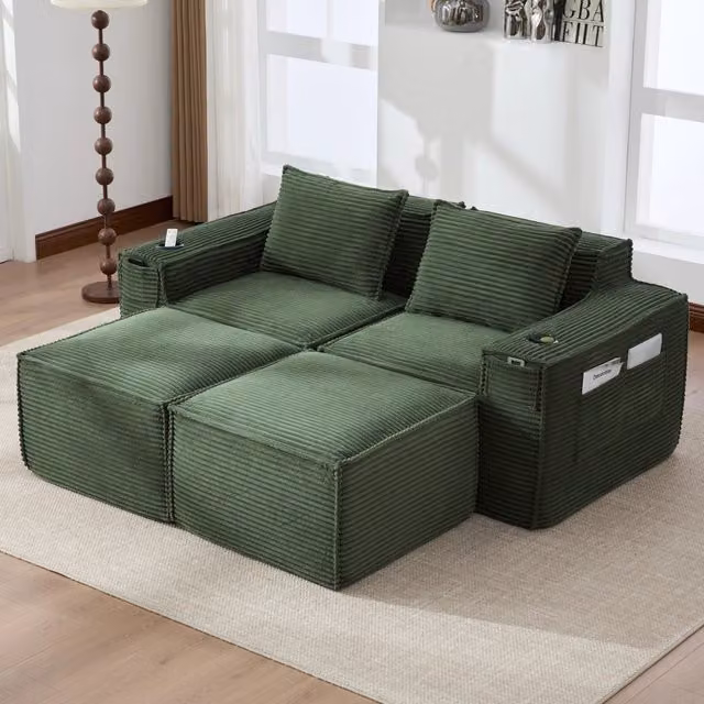Divano Modulare REDOM a 2 posti in Velluto a Coste Verde con 2 Pouf L/P/H: 188 x 162 x 75 cm