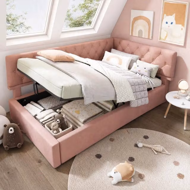 Letto imbottito 90 × 190 cm con vano contenitore idraulico in velluto rosa con rete a doghe e testiera reversibile