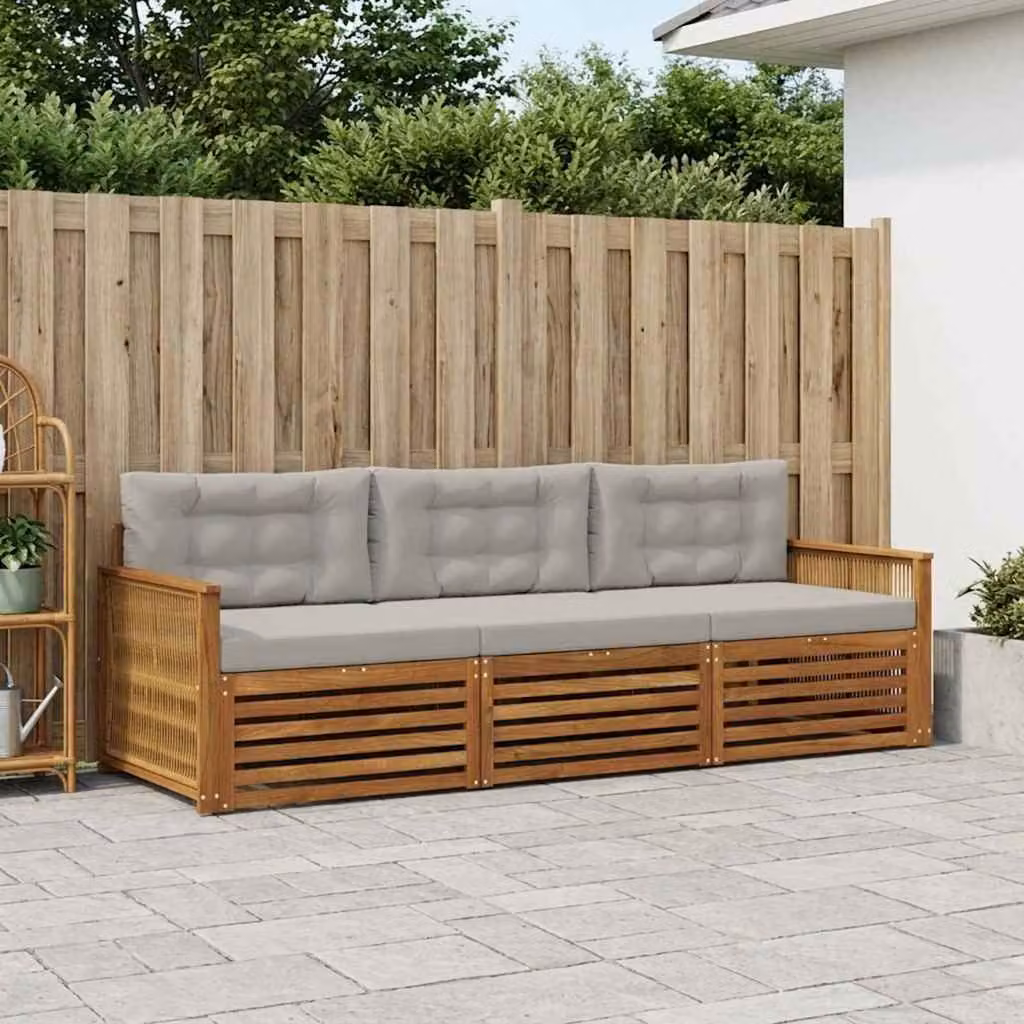 Set di divani da esterno vidaXL in legno di acacia con cuscini, 3 pezzi, Beige e Grigio