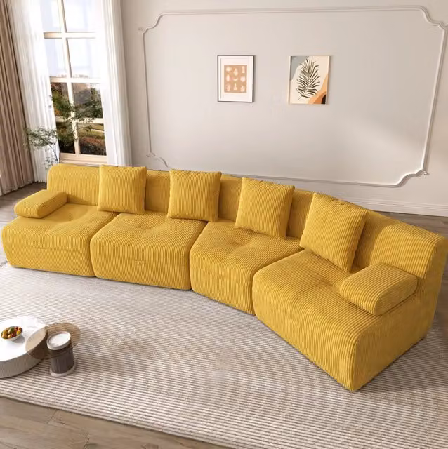 Divano modulare 311x90x65 cm in ciniglia gialla, 4 moduli, senza montaggio, per soggiorno –