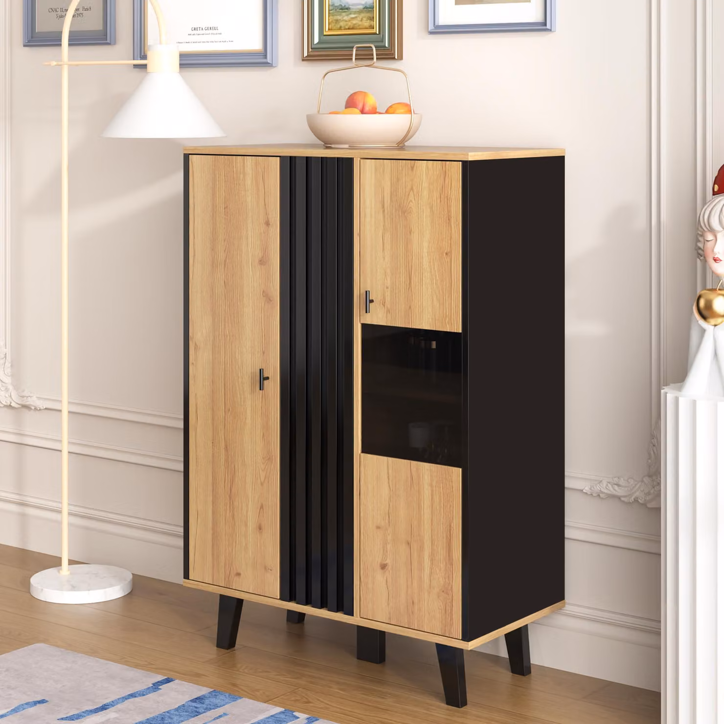 Armadi laterali, credenze, vetrine Sweiko con vetro e illuminazione a LED. Contiene laminati, una combinazione di colori nero e legno, un design unico a strisce di legno nero