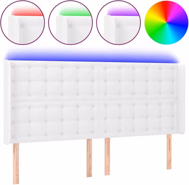 Testata del letto ad orecchio bianca in similpelle con illuminazione integrata e porta di ricarica USB, L: 183 cm, P: 16 cm, H: 118/128 cm