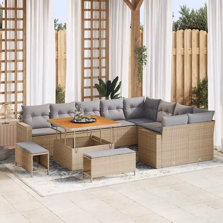 Set Divano da Giardino vidaXL 13 pz in Polyrattan Beige e Grigio con Cuscini e Tavolino