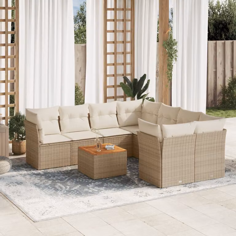 vidaXL Set Divano da Giardino a L 9 pz con Cuscini Beige e Tavolino da Caffè in Polyrattan e Acciaio