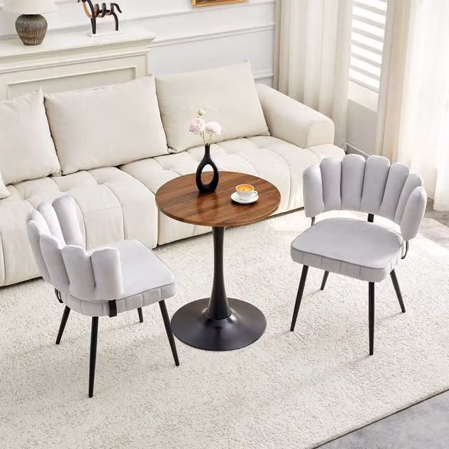 Set da pranzo Mivray composto da tavolo rotondo e 2 sedie in MDF e velluto, colori grigio, noce e nero, stile moderno