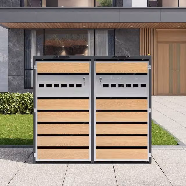 Copribidoni da giardino a 2 vani con coperchi idraulici ventilati in acciaio zincato grigio e legno 132×80×118.5 cm