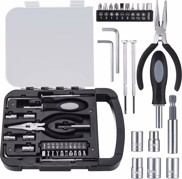 Set di utensili manuali da 22 pezzi, Acciaio al carbonio e PP, con cassetta portautensili compatta, ideale per riparazioni e manutenzione