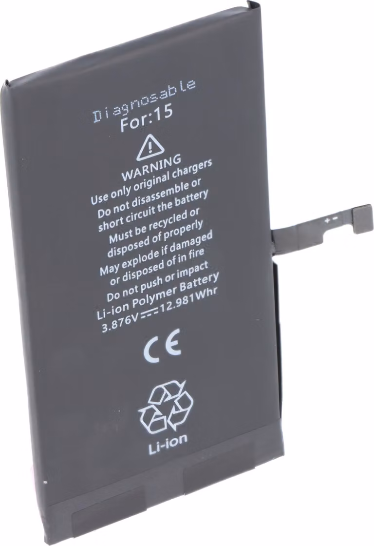 Batteria compatibile con Apple iPhone 15, diagnosticabile, Li-Polymer, 3,87 V, 3349 mAh, 12,98 Wh, senza attrezzi